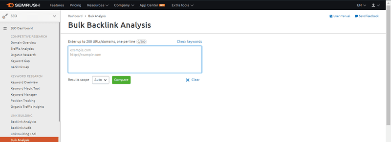 semrush Bulk backlink analysis