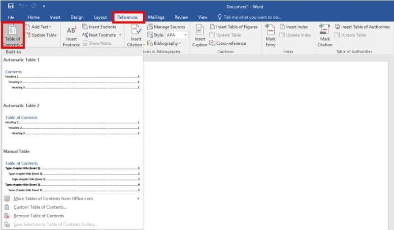 table of content in Microsoft word