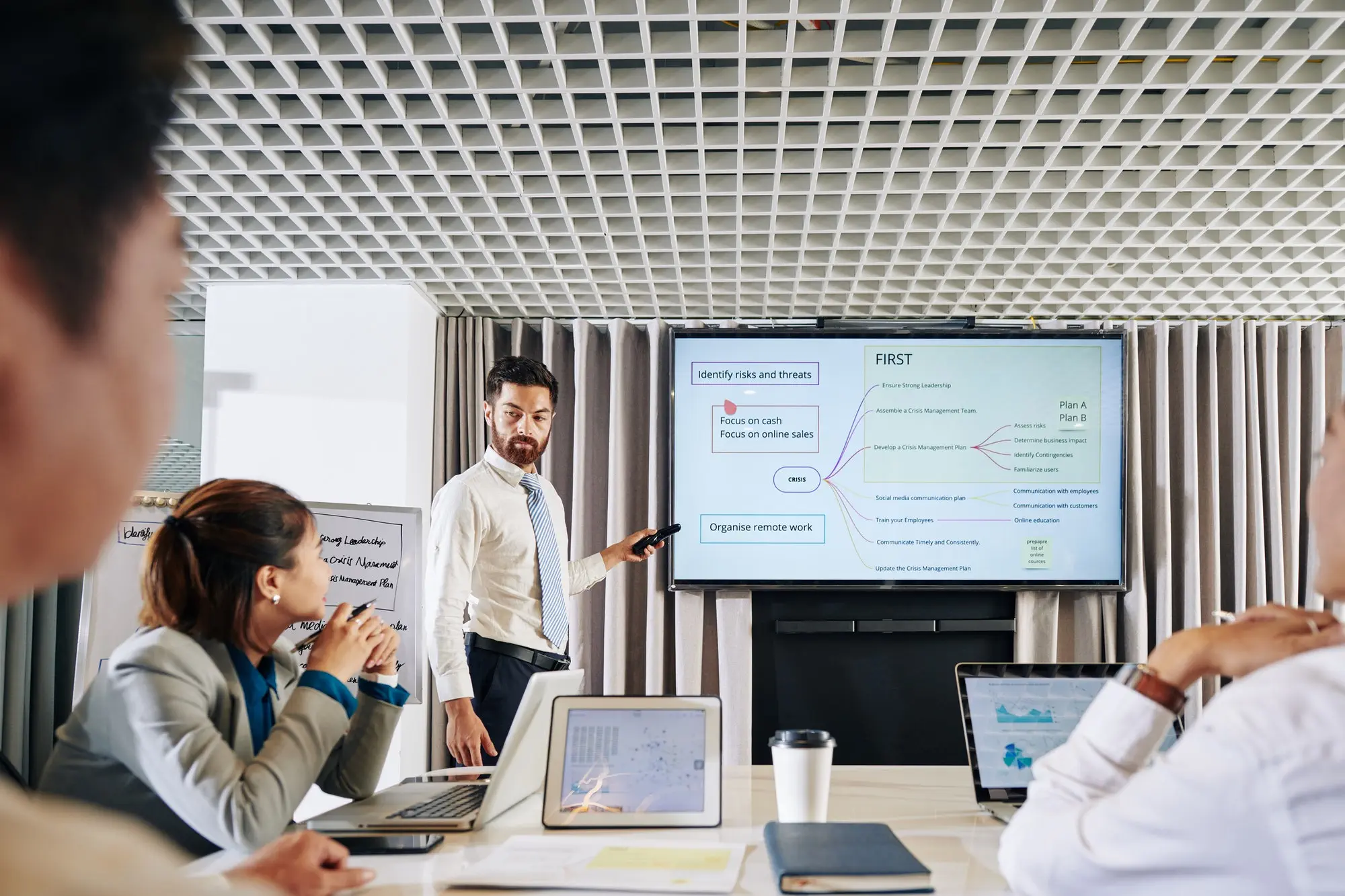 Businessman suggesting plan overcoming crisis